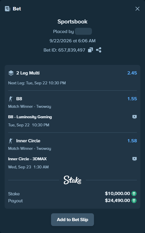 Bet slip: B8 - Luminosity Gaming, $10,000.00 stake at 1.55 odds, placed by Mabruch