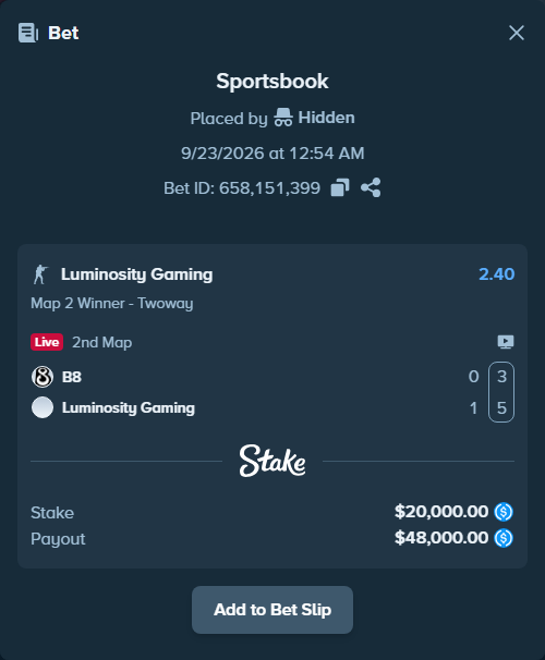 Bet slip: B8 - Luminosity Gaming, $20,000.00 stake at 2.40 odds, placed by Hidden