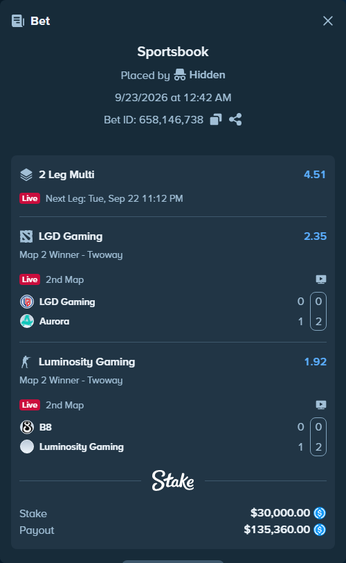 Bet slip: B8 - Luminosity Gaming, $30,000.00 stake at 1.92 odds, placed by Hidden