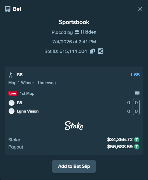 Bet slip: B8 - Lynn Vision, $34,391.07 stake at 1.65 odds, placed by Hidden