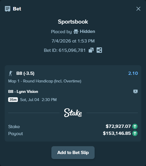 Bet slip: B8 - Lynn Vision, $73,000.00 stake at 2.10 odds, placed by Hidden