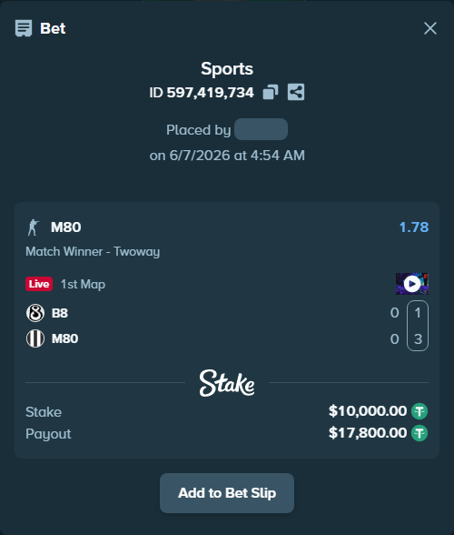 Bet slip: B8 - M80, $10,000.00 stake at 1.78 odds, placed by TheEarlinGrey