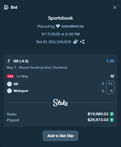 Bet slip: B8 - Metizport, $20,000.00 stake at 1.35 odds, placed by saszakoncza