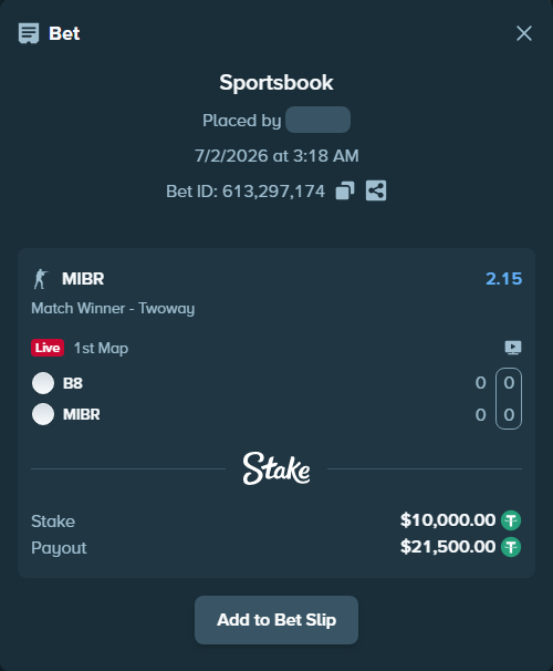 Bet slip: B8 - MIBR, $10,010.00 stake at 2.15 odds, placed by zhanjinkun