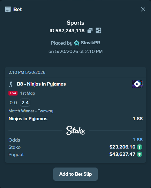 Bet slip: B8 - Ninjas in Pyjamas, $23,229.31 stake at 1.88 odds, placed by SlavikPR