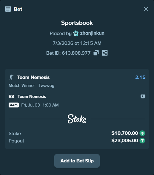 Bet slip: B8 - Team Nemesis, $10,710.70 stake at 2.15 odds, placed by zhanjinkun