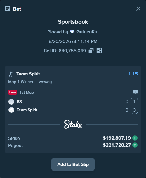 Bet slip: B8 - Team Spirit, $193,000.00 stake at 1.15 odds, placed by GoldenKot