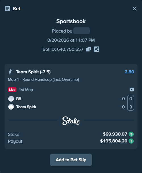 Bet slip: B8 - Team Spirit, $70,000.00 stake at 2.80 odds, placed by GoldenKot