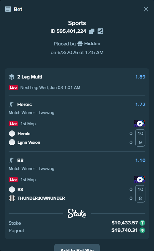 Bet slip: B8 - THUNDERdOWNUNDER, $10,444.00 stake at 1.10 odds, placed by Hidden