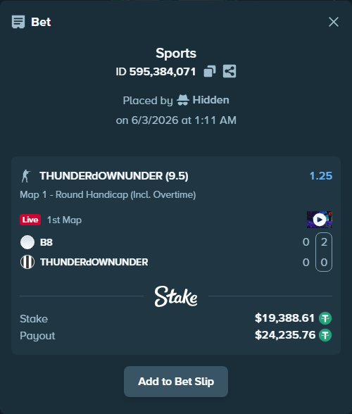 Bet slip: B8 - THUNDERdOWNUNDER, $19,408.00 stake at 1.25 odds, placed by Hidden