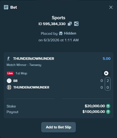 Bet slip: B8 - THUNDERdOWNUNDER, $20,020.00 stake at 5.00 odds, placed by Hidden