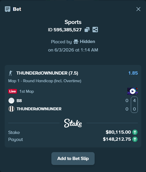 Bet slip: B8 - THUNDERdOWNUNDER, $80,195.11 stake at 1.85 odds, placed by Hidden
