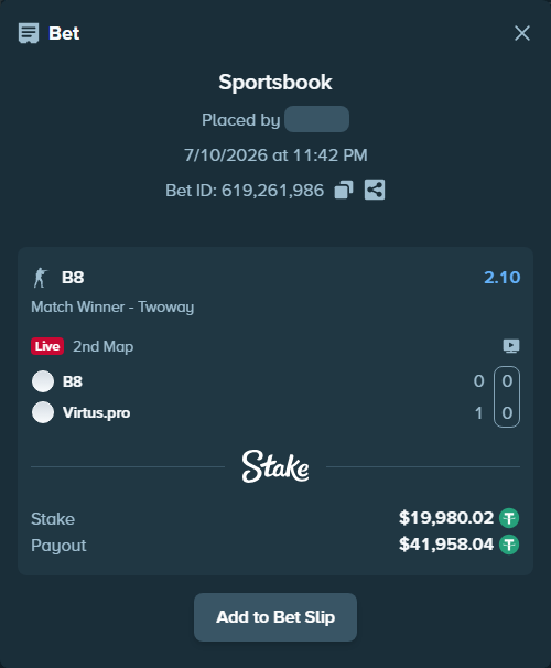 Bet slip: B8 - Virtus.pro, $20,000.00 stake at 2.10 odds, placed by oxorona