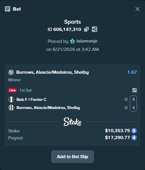 Bet slip: Bab F / Ferrier C - Burrows, Alexcie/Madeiros, Shelby, $9,480.54 stake at 1.67 odds, placed by lalemonje