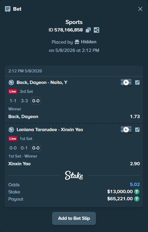Bet slip: Back, Dayeon - Naito, Y, $13,000.00 stake at 1.73 odds, placed by Hidden