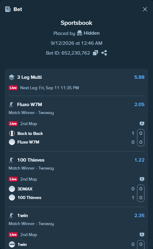 Bet slip: Back to Back - Fluxo W7M, $15,000.00 stake at 2.05 odds, placed by Hidden