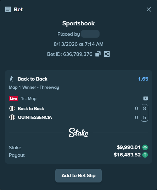 Bet slip: Back to Back - QUINTESSENCIA, $10,000.00 stake at 1.65 odds, placed by saszakoncza