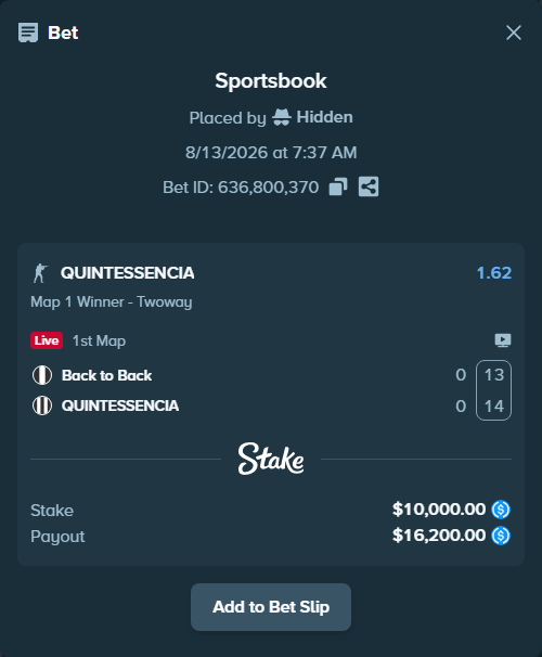 Bet slip: Back to Back - QUINTESSENCIA, $10,000.00 stake at 1.62 odds, placed by Hidden