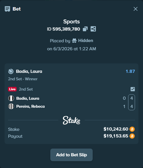 Bet slip: Badia, Laura - Pereira, Rebeca, $9,816.79 stake at 1.87 odds, placed by Hidden