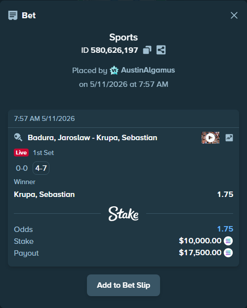 Bet slip: Badura, Jaroslaw - Krupa, Sebastian, $7,662.98 stake at 1.75 odds, placed by AustinAlgamus