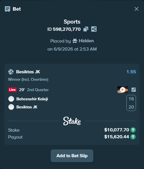 Bet slip: Bahcesehir Koleji - Besiktas JK, $10,077.70 stake at 1.55 odds, placed by Hidden