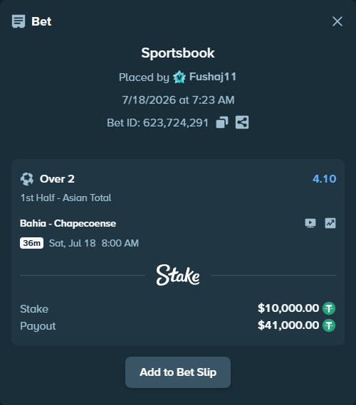 Bet slip: Bahia - Chapecoense, $10,000.00 stake at 4.10 odds, placed by Fushaj11