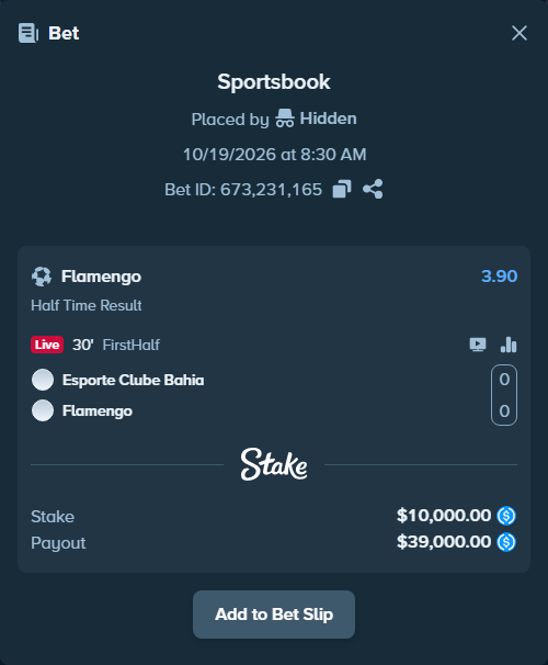 Bet slip: Bahia - Flamengo, $10,000.00 stake at 3.90 odds, placed by Hidden