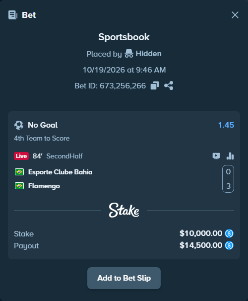 Bet slip: Bahia - Flamengo, $10,000.00 stake at 1.45 odds, placed by Hidden