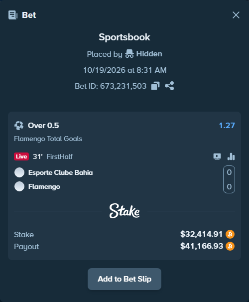 Bet slip: Bahia - Flamengo, $32,793.60 stake at 1.27 odds, placed by Hidden