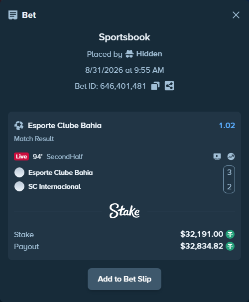 Bet slip: Bahia - Internacional, $32,191.00 stake at 1.02 odds, placed by Hidden
