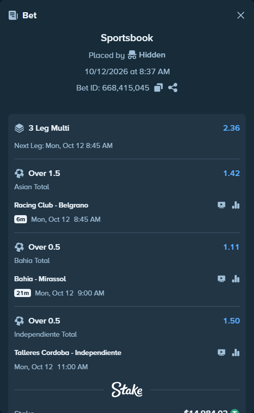 Bet slip: Bahia - Mirassol, $14,999.00 stake at 1.11 odds, placed by SH7N28