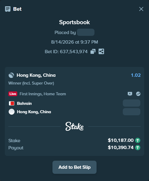 Bet slip: Bahrain - Hong Kong, China, $10,197.19 stake at 1.02 odds, placed by riaggo1