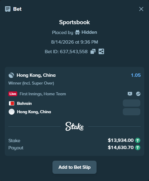 Bet slip: Bahrain - Hong Kong, China, $13,947.93 stake at 1.05 odds, placed by Hidden