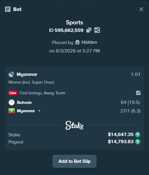 Bet slip: Bahrain - Myanmar, $14,662.00 stake at 1.01 odds, placed by Hidden