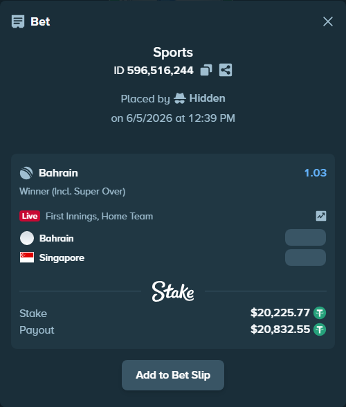 Bet slip: Bahrain - Singapore, $20,246.00 stake at 1.03 odds, placed by Hidden