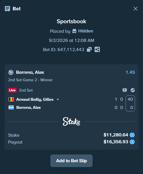 Bet slip: Bailly, Gilles Arnaud - Barrena, Alex, $11,280.64 stake at 1.45 odds, placed by Hidden