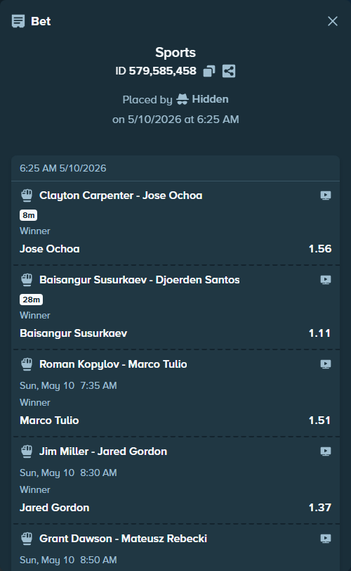 Bet slip: Baisangur Susurkaev - Djoerden Santos, $15,000.00 stake at 1.11 odds, placed by Hidden