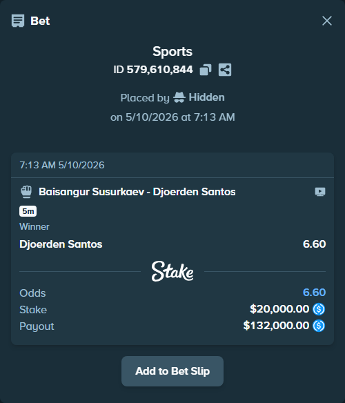 Bet slip: Baisangur Susurkaev - Djoerden Santos, $20,000.00 stake at 6.60 odds, placed by Hidden