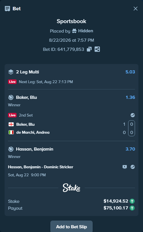 Bet slip: Baker, Blu - de Marchi, Andrea, $14,924.52 stake at 1.36 odds, placed by Hidden