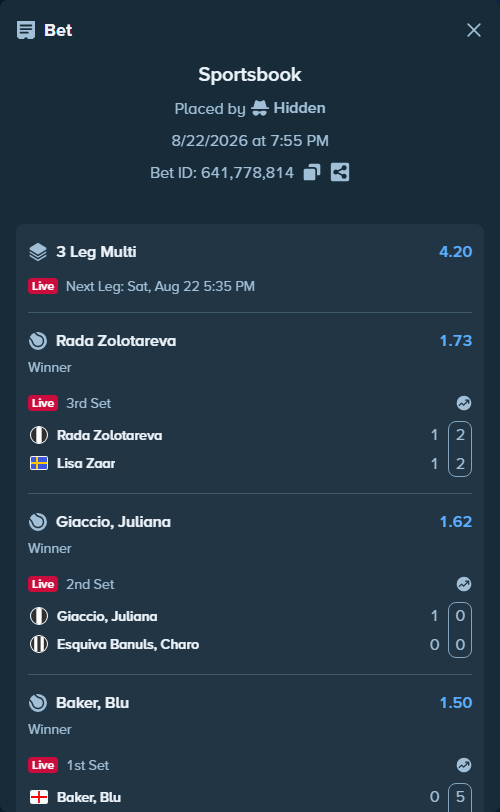 Bet slip: Baker, Blu - de Marchi, Andrea, $20,000.00 stake at 1.50 odds, placed by Hidden