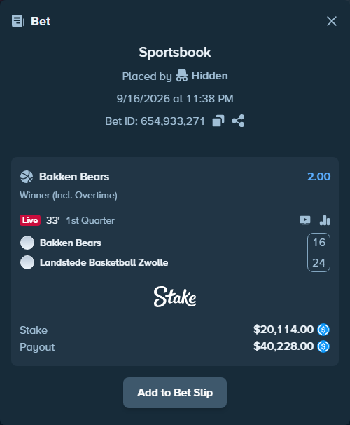 Bet slip: Bakken Bears - Landstede Hammers, $20,114.00 stake at 2.00 odds, placed by Hidden