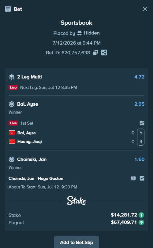 Bet slip: Bal, Ayse - Huang, Yujia, $14,296.00 stake at 2.95 odds, placed by Hidden