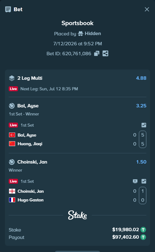 Bet slip: Bal, Ayse - Huang, Yujia, $20,000.00 stake at 3.25 odds, placed by Hidden