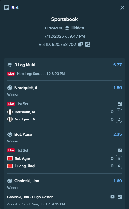 Bet slip: Bal, Ayse - Huang, Yujia, $20,013.89 stake at 2.35 odds, placed by Hidden