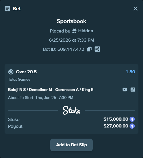 Bet slip: Balaji N S / Demoliner M - Goransson A / King E, $14,737.46 stake at 1.80 odds, placed by Hidden