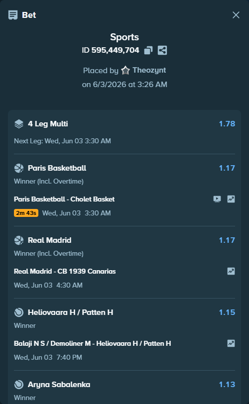 Bet slip: Balaji N S / Demoliner M - Heliovaara H / Patten H, $10,192.94 stake at 1.15 odds, placed by Theozynt