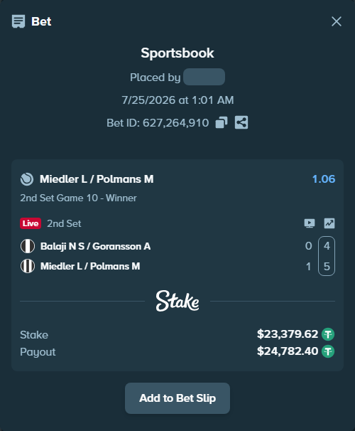 Bet slip: Balaji N S / Goransson A - Miedler L / Polmans M, $23,403.00 stake at 1.06 odds, placed by diomancy
