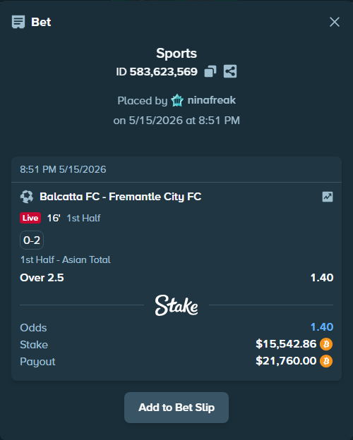 Bet slip: Balcatta FC - Fremantle City FC, $12,350.90 stake at 1.40 odds, placed by ninafreak
