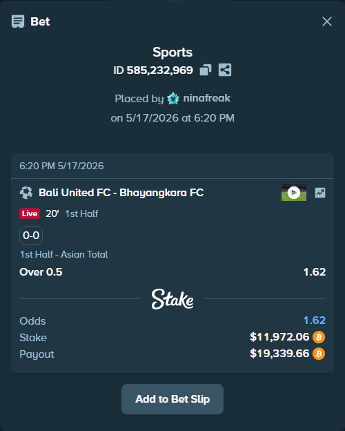 Bet slip: Bali United - Bhayangkara Presisi Indonesia FC, $9,843.85 stake at 1.62 odds, placed by ninafreak