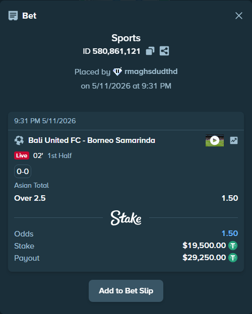 Bet slip: Bali United - Borneo Samarinda, $19,500.00 stake at 1.50 odds, placed by rmaghsdudthd